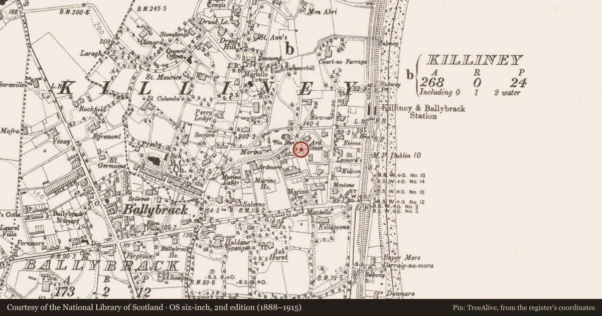 Ordnance Survey six-inch map, 2nd edition (1888–1915) covering the location of Ritual site - holy tree/bush, Killiney, County Dublin, with a pin at the register's coordinates