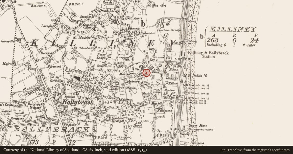 Ordnance Survey six-inch map, 2nd edition (1888–1915) covering the location of Font, Killiney, County Dublin, with a pin at the register's coordinates