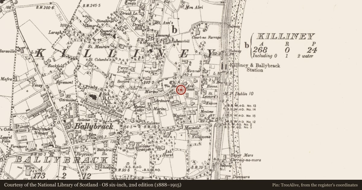 Ordnance Survey six-inch map, 2nd edition (1888–1915) covering the location of Cross, Killiney, County Dublin, with a pin at the register's coordinates