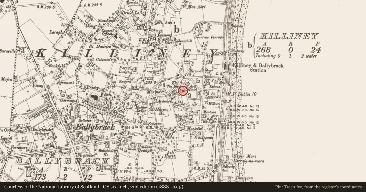 Ordnance Survey six-inch map, 2nd edition (1888–1915) covering the location of Cross, Killiney, County Dublin, with a pin at the register's coordinates