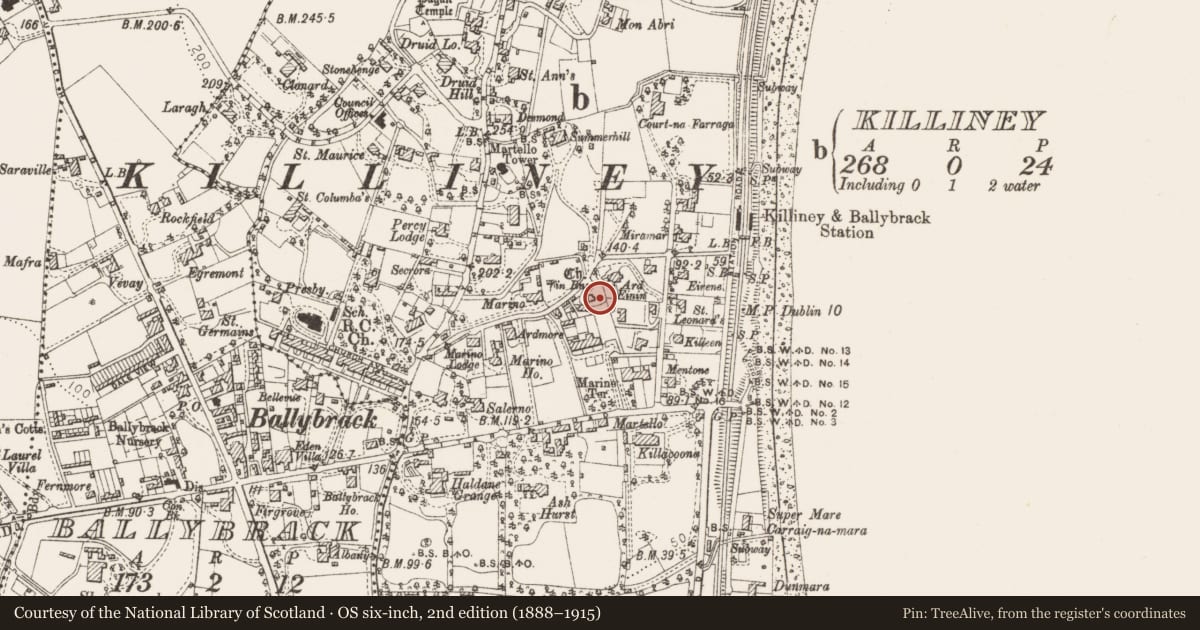 Ordnance Survey six-inch map, 2nd edition (1888–1915) covering the location of Ecclesiastical enclosure, Killiney, County Dublin, with a pin at the register's coordinates