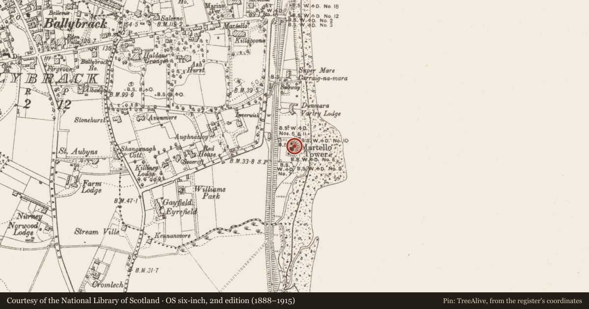 Ordnance Survey six-inch map, 2nd edition (1888–1915) covering the location of Martello tower, Killiney, County Dublin, with a pin at the register's coordinates