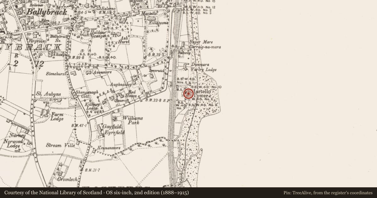 Ordnance Survey six-inch map, 2nd edition (1888–1915) covering the location of Earthwork, Killiney, County Dublin, with a pin at the register's coordinates