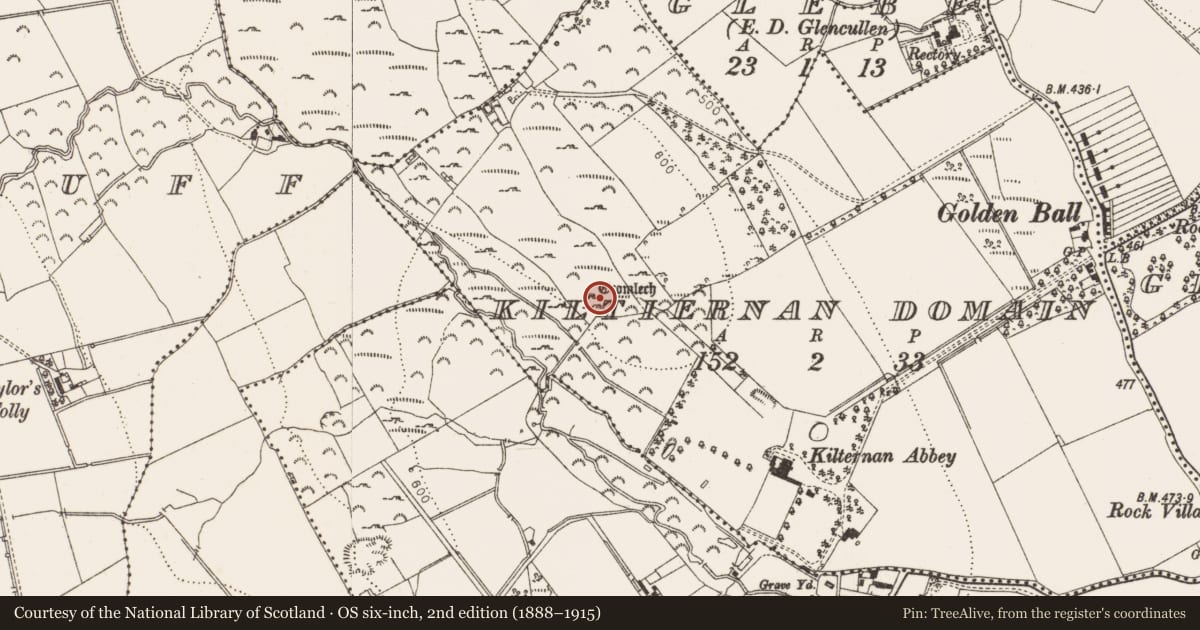 Ordnance Survey six-inch map, 2nd edition (1888–1915) covering the location of Megalithic tomb - portal tomb, Kiltiernan Domain, County Dublin, with a pin at the register's coordinates