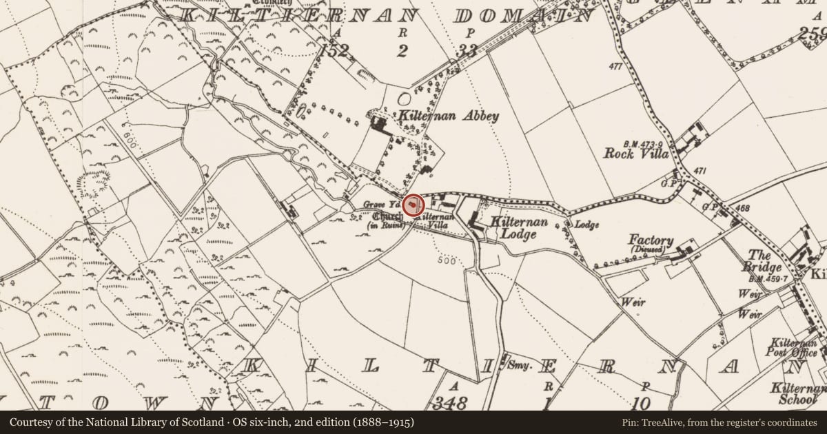 Ordnance Survey six-inch map, 2nd edition (1888–1915) covering the location of Church, Kiltiernan, County Dublin, with a pin at the register's coordinates