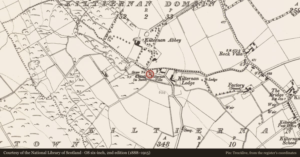 Ordnance Survey six-inch map, 2nd edition (1888–1915) covering the location of Graveyard, Kiltiernan, County Dublin, with a pin at the register's coordinates