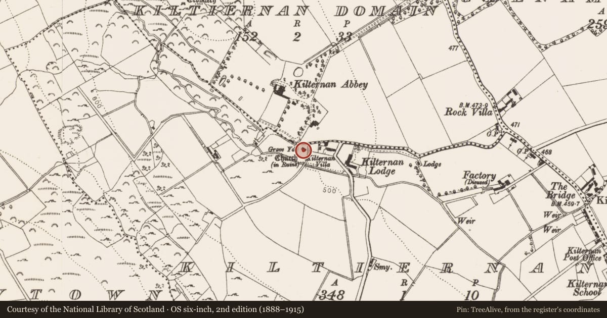 Ordnance Survey six-inch map, 2nd edition (1888–1915) covering the location of Font, Kiltiernan, County Dublin, with a pin at the register's coordinates