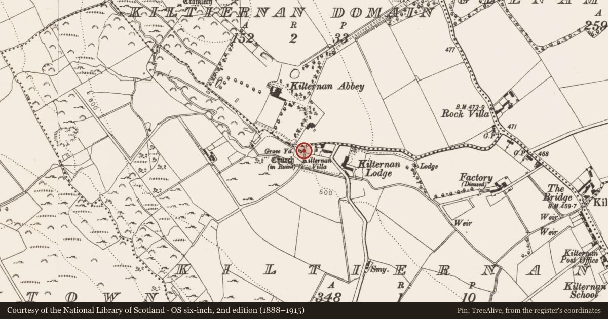 Ordnance Survey six-inch map, 2nd edition (1888–1915) covering the location of Cross-slab, Kiltiernan, County Dublin, with a pin at the register's coordinates