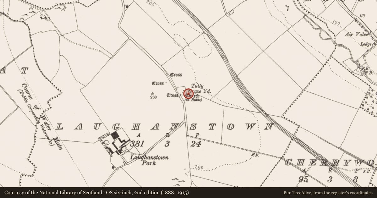 Ordnance Survey six-inch map, 2nd edition (1888–1915) covering the location of Ecclesiastical enclosure, Laughanstown, County Dublin, with a pin at the register's coordinates