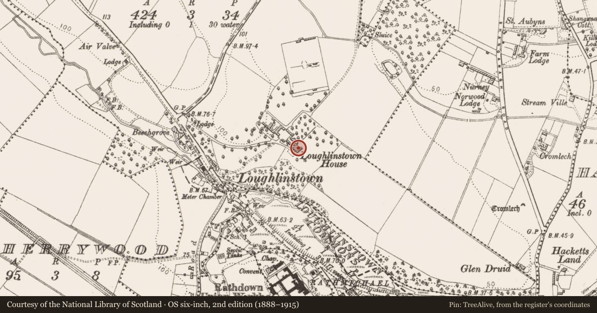 Ordnance Survey six-inch map, 2nd edition (1888–1915) covering the location of House - 16th/17th century, Loughlinstown, County Dublin, with a pin at the register's coordinates