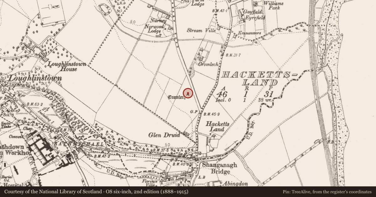 Ordnance Survey six-inch map, 2nd edition (1888–1915) covering the location of Megalithic tomb - portal tomb, Ballybrack (Rathdown By., Killiney UD), County Dublin, with a pin at the register's coordinates