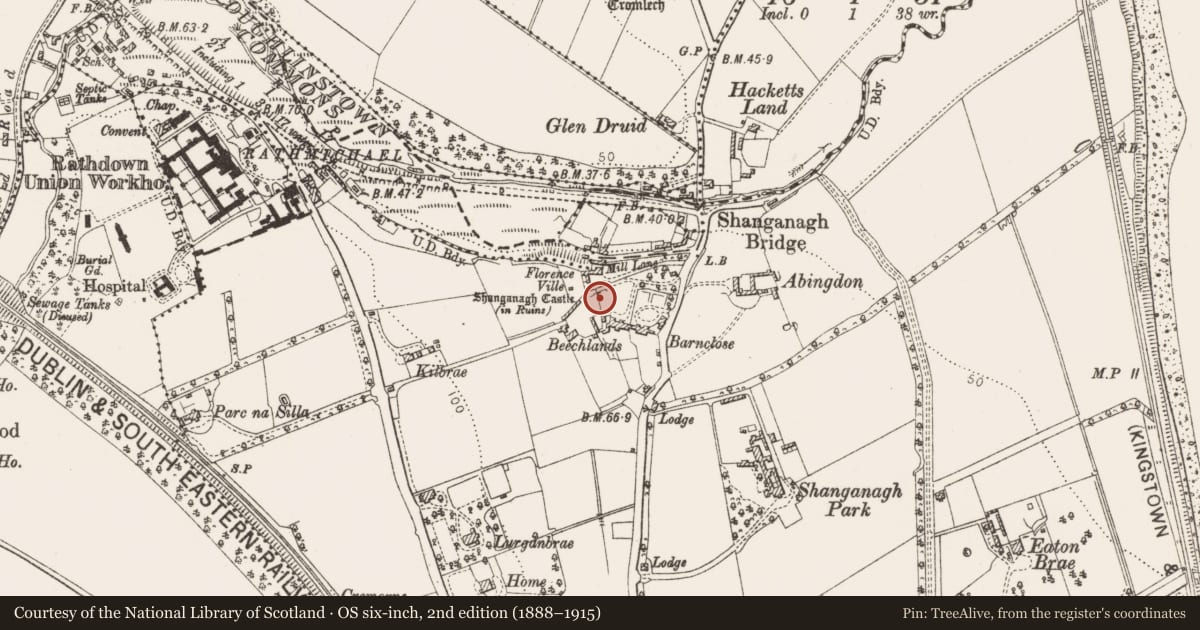 Ordnance Survey six-inch map, 2nd edition (1888–1915) covering the location of Castle - tower house, Shanganagh, County Dublin, with a pin at the register's coordinates