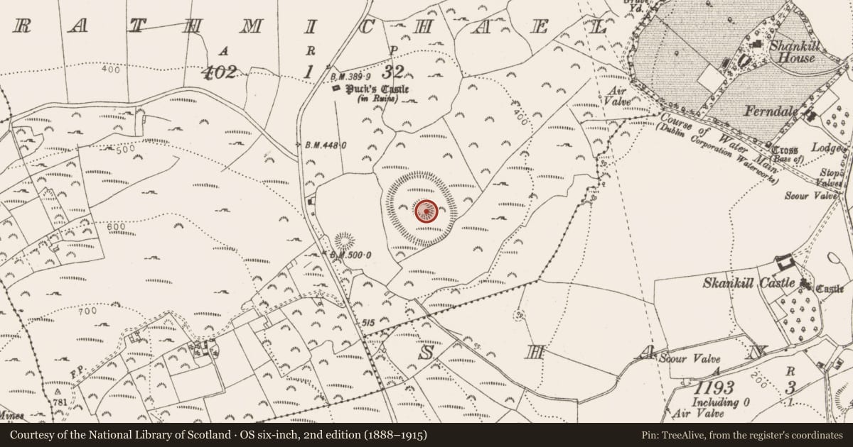 Ordnance Survey six-inch map, 2nd edition (1888–1915) covering the location of Hillfort, Rathmichael, County Dublin, with a pin at the register's coordinates