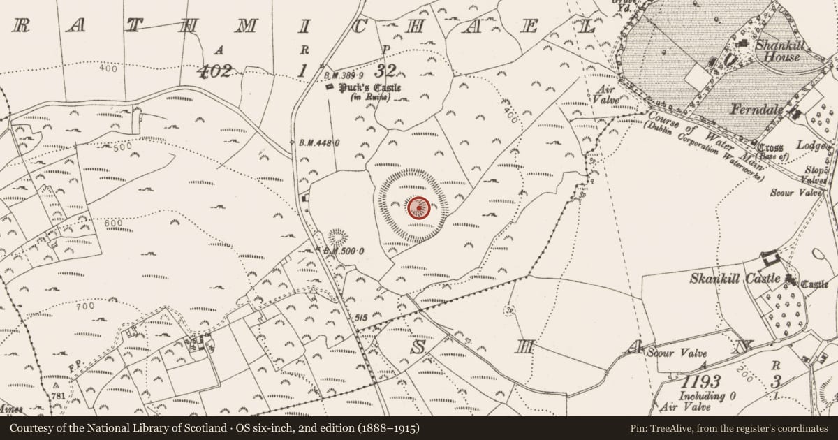 Ordnance Survey six-inch map, 2nd edition (1888–1915) covering the location of Ringfort - unclassified, Rathmichael, County Dublin, with a pin at the register's coordinates