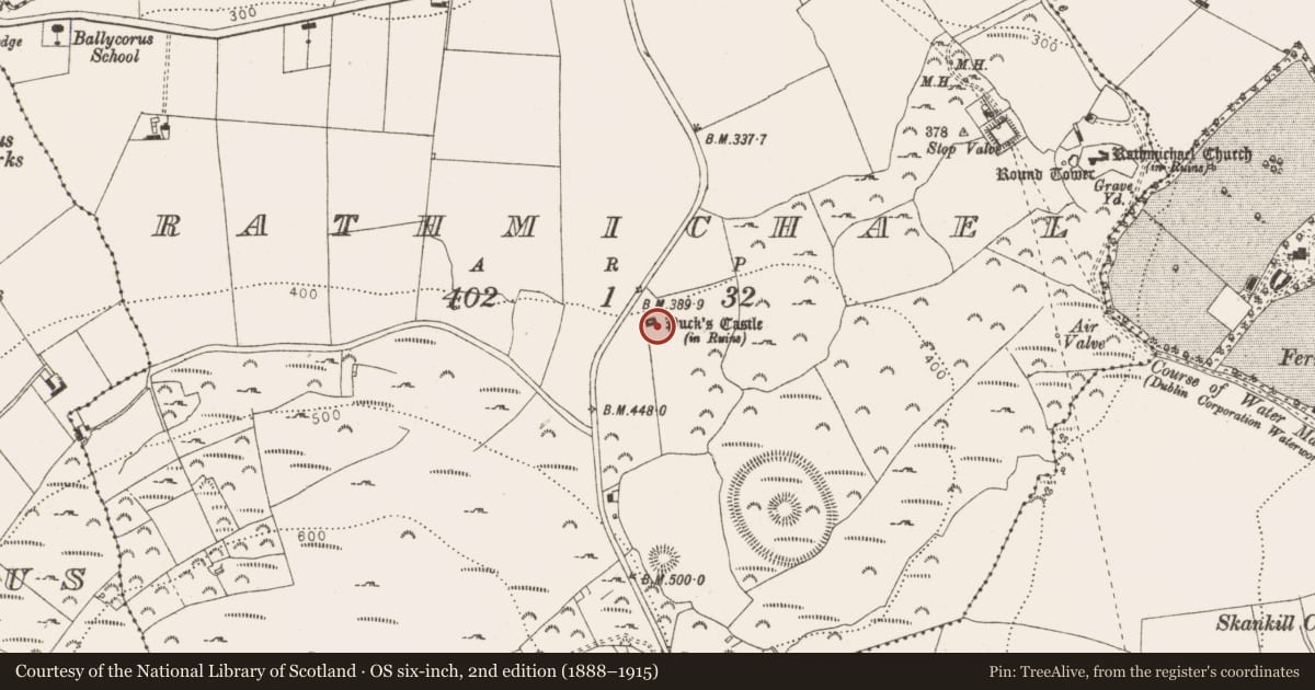 Ordnance Survey six-inch map, 2nd edition (1888–1915) covering the location of Castle - unclassified, Rathmichael, County Dublin, with a pin at the register's coordinates