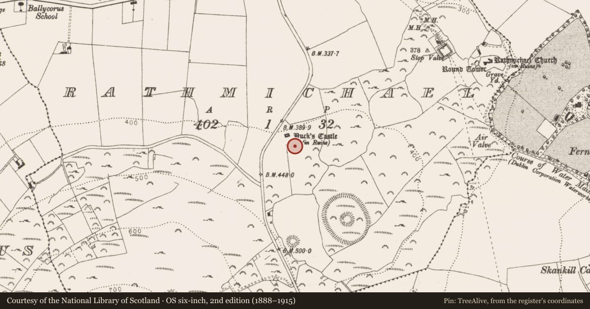 Ordnance Survey six-inch map, 2nd edition (1888–1915) covering the location of Bawn, Rathmichael, County Dublin, with a pin at the register's coordinates