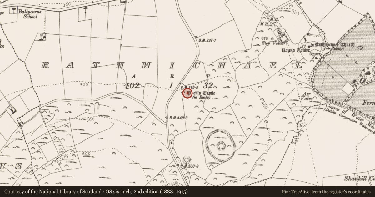 Ordnance Survey six-inch map, 2nd edition (1888–1915) covering the location of Building, Rathmichael, County Dublin, with a pin at the register's coordinates