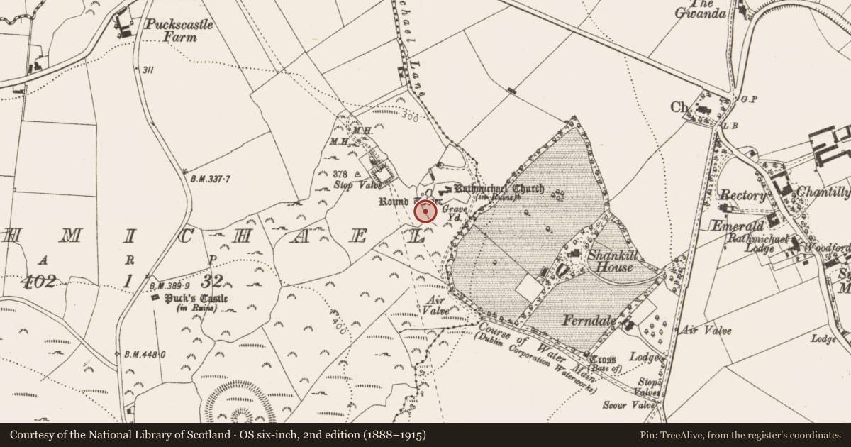 Ordnance Survey six-inch map, 2nd edition (1888–1915) covering the location of Ecclesiastical enclosure, Rathmichael, County Dublin, with a pin at the register's coordinates
