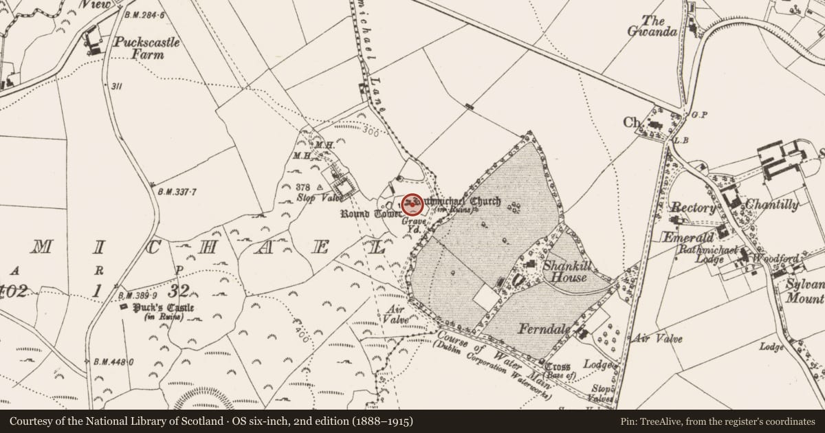 Ordnance Survey six-inch map, 2nd edition (1888–1915) covering the location of Church, Rathmichael, County Dublin, with a pin at the register's coordinates