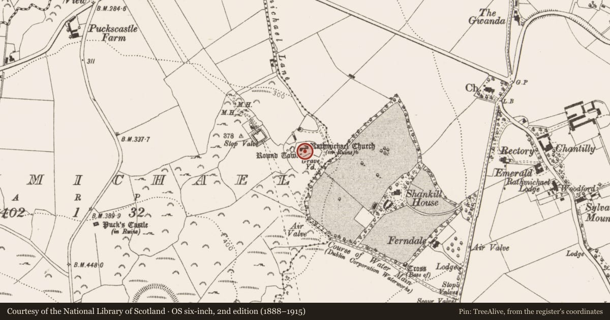 Ordnance Survey six-inch map, 2nd edition (1888–1915) covering the location of Round tower, Rathmichael, County Dublin, with a pin at the register's coordinates