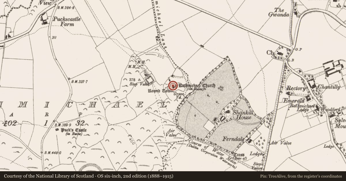 Ordnance Survey six-inch map, 2nd edition (1888–1915) covering the location of Souterrain, Rathmichael, County Dublin, with a pin at the register's coordinates