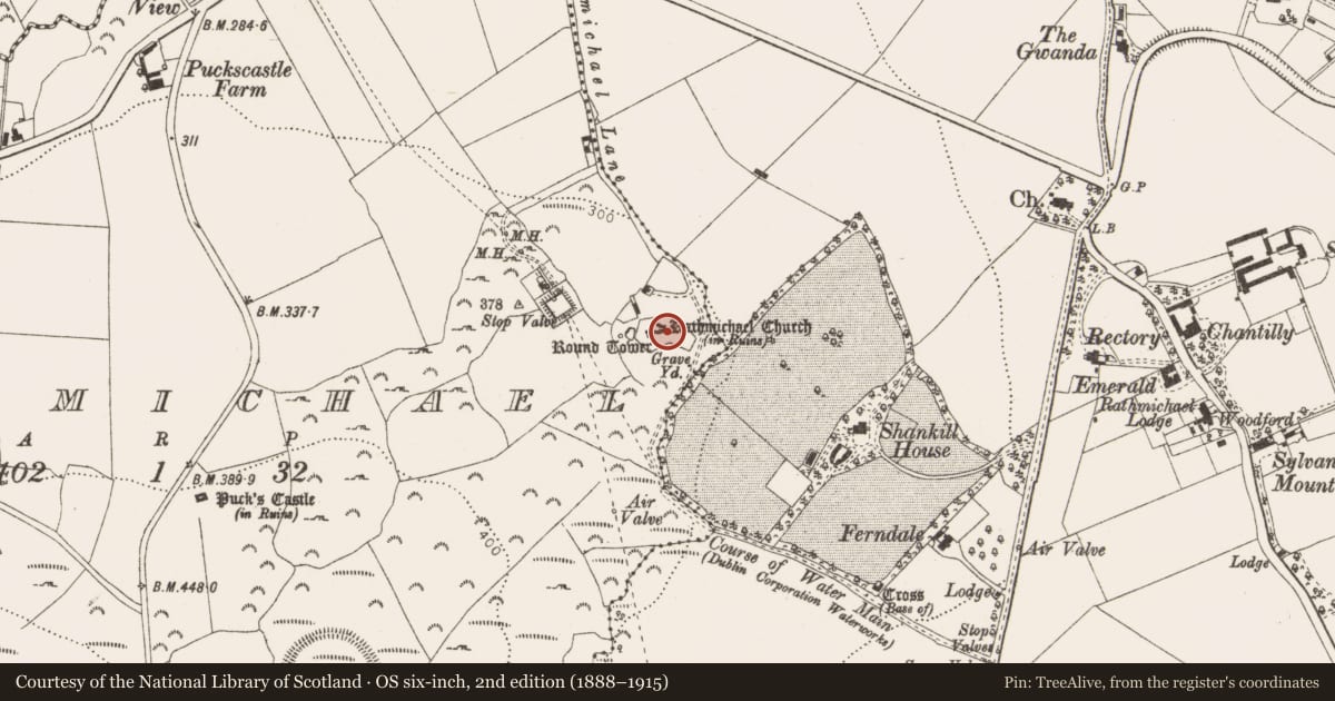 Ordnance Survey six-inch map, 2nd edition (1888–1915) covering the location of Cross, Rathmichael, County Dublin, with a pin at the register's coordinates