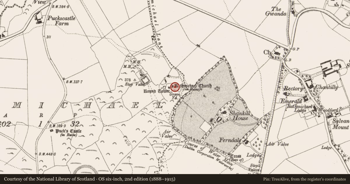 Ordnance Survey six-inch map, 2nd edition (1888–1915) covering the location of Holed stone, Rathmichael, County Dublin, with a pin at the register's coordinates