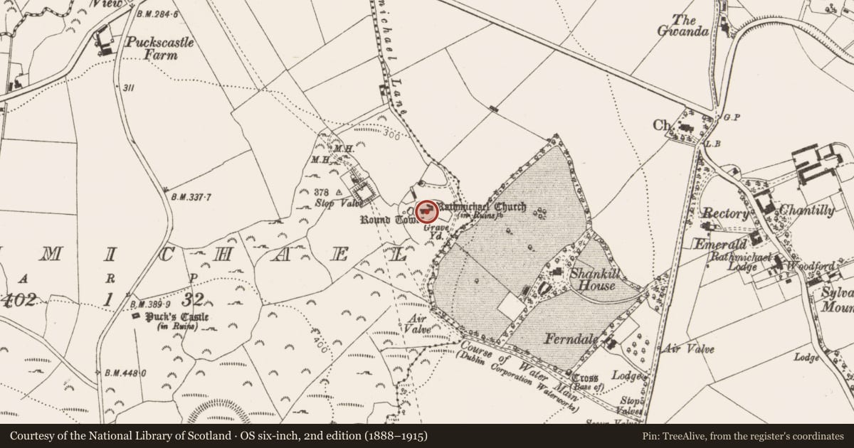 Ordnance Survey six-inch map, 2nd edition (1888–1915) covering the location of Graveslab, Rathmichael, County Dublin, with a pin at the register's coordinates
