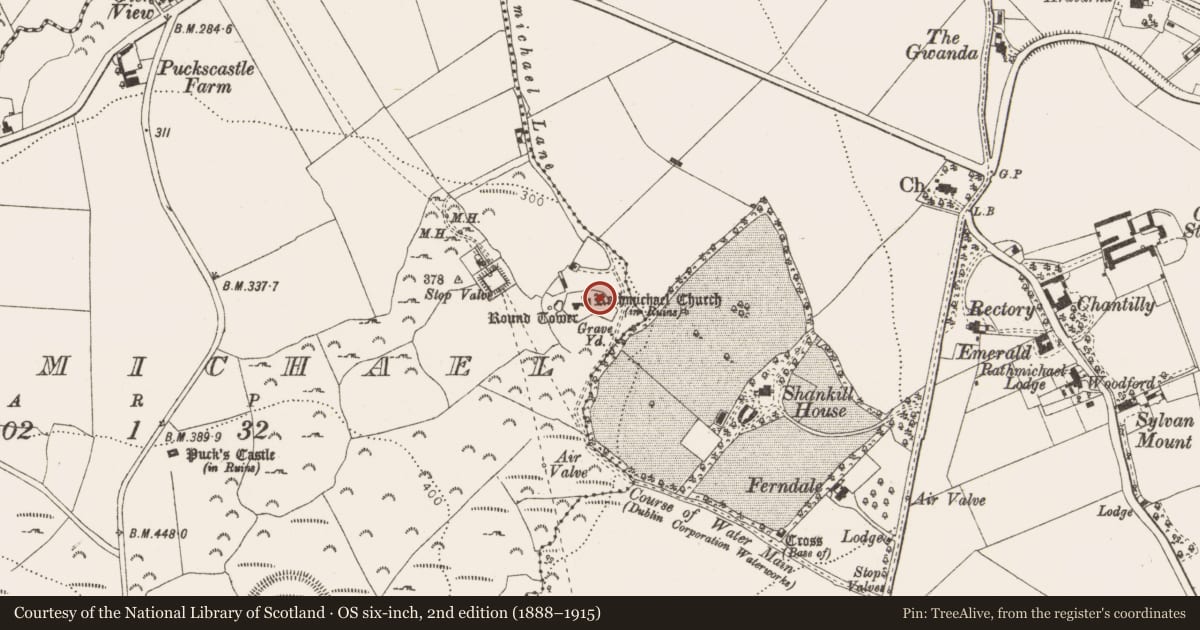 Ordnance Survey six-inch map, 2nd edition (1888–1915) covering the location of Bullaun stone, Rathmichael, County Dublin, with a pin at the register's coordinates