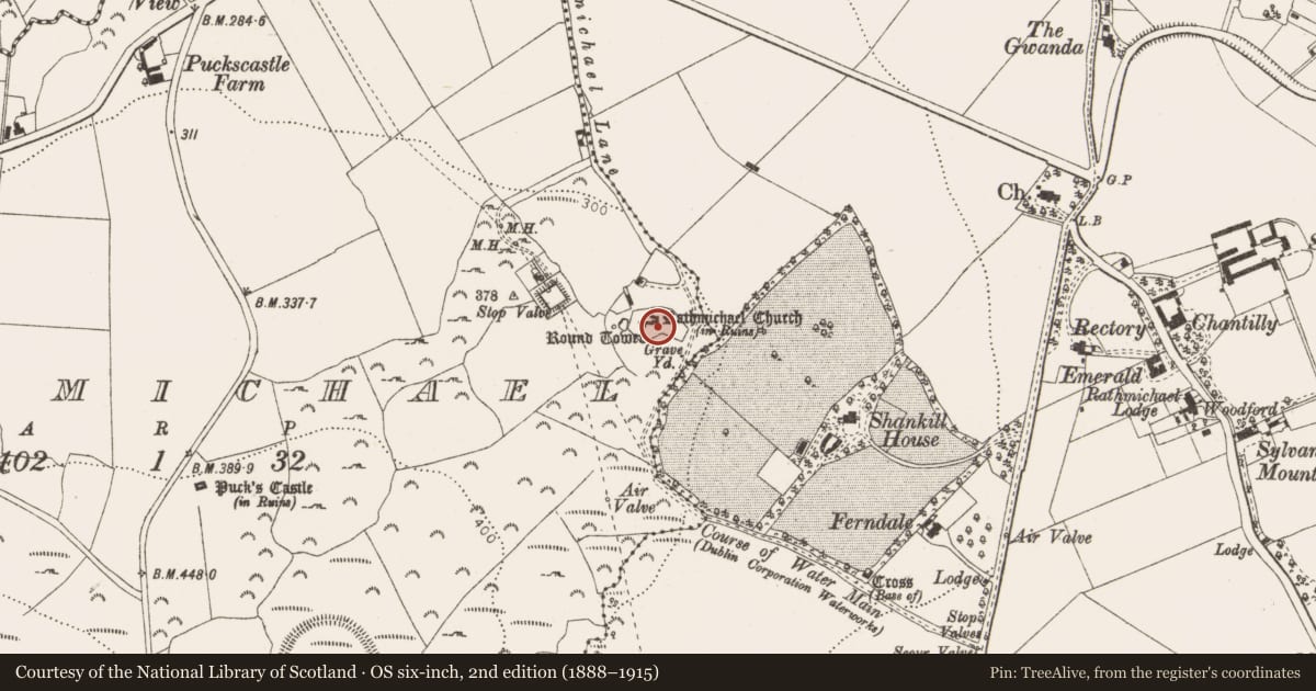 Ordnance Survey six-inch map, 2nd edition (1888–1915) covering the location of Graveslab, Rathmichael, County Dublin, with a pin at the register's coordinates