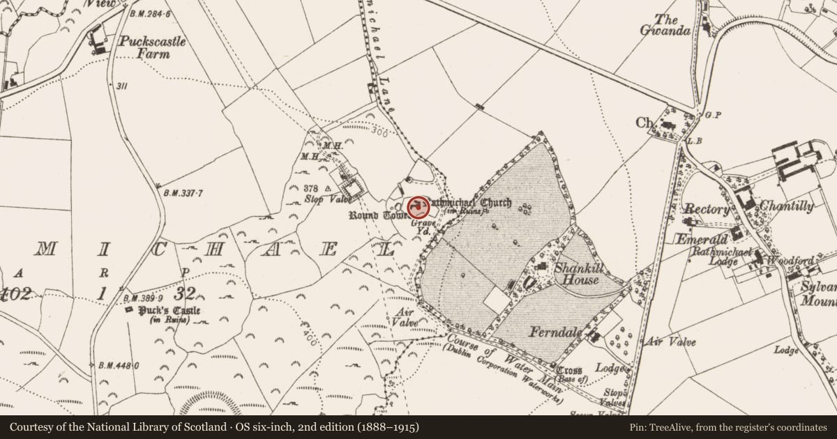 Ordnance Survey six-inch map, 2nd edition (1888–1915) covering the location of Graveslab, Rathmichael, County Dublin, with a pin at the register's coordinates
