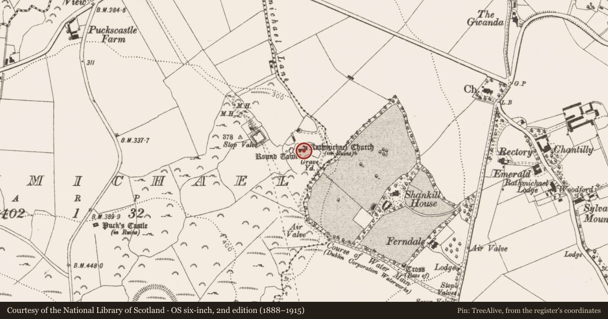 Ordnance Survey six-inch map, 2nd edition (1888–1915) covering the location of Graveslab, Rathmichael, County Dublin, with a pin at the register's coordinates