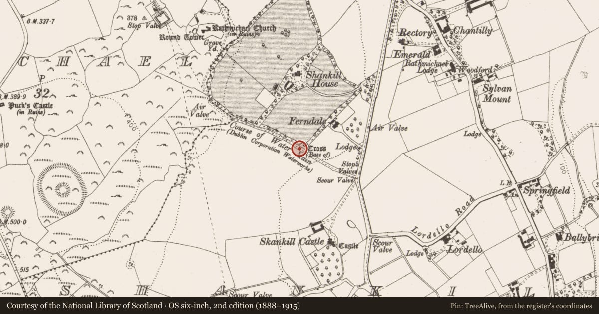 Ordnance Survey six-inch map, 2nd edition (1888–1915) covering the location of Cross (present location), Shankill, County Dublin, with a pin at the register's coordinates