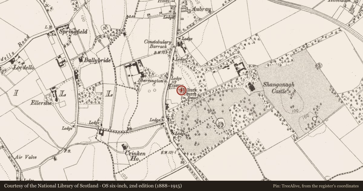 Ordnance Survey six-inch map, 2nd edition (1888–1915) covering the location of Church, Shanganagh, County Dublin, with a pin at the register's coordinates