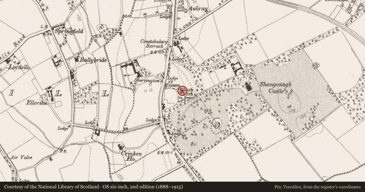 Ordnance Survey six-inch map, 2nd edition (1888–1915) covering the location of Graveyard, Shanganagh, County Dublin, with a pin at the register's coordinates