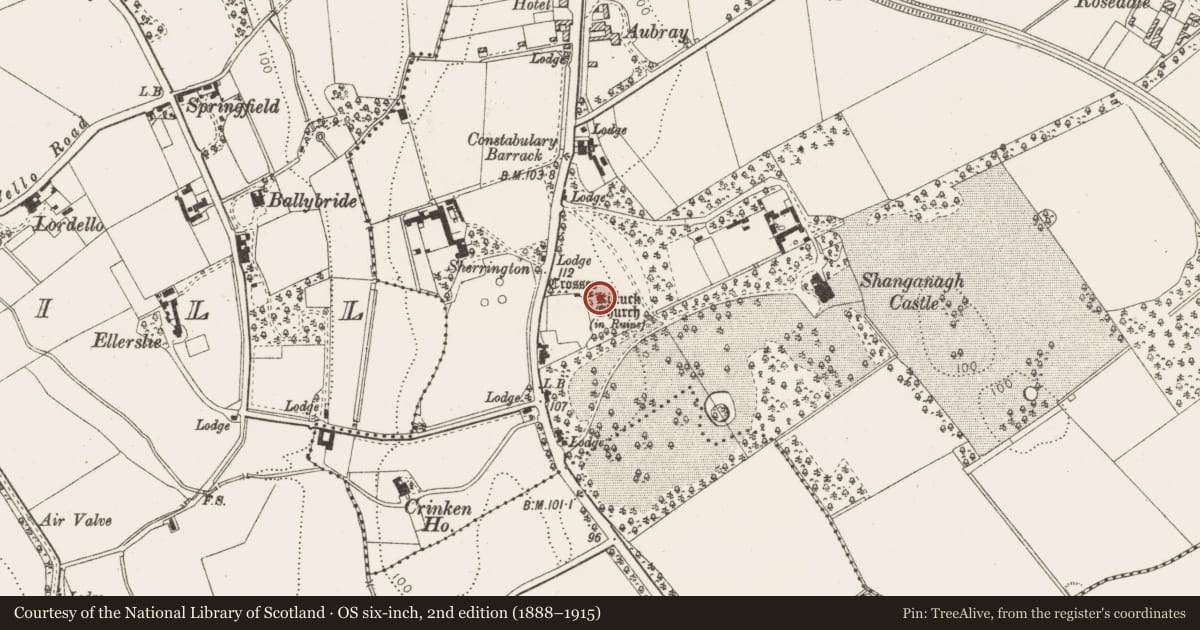 Ordnance Survey six-inch map, 2nd edition (1888–1915) covering the location of Cross, Shanganagh, County Dublin, with a pin at the register's coordinates