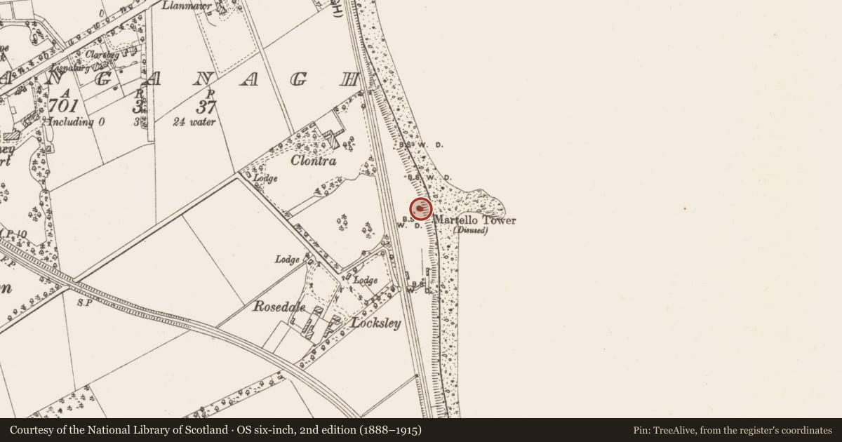 Ordnance Survey six-inch map, 2nd edition (1888–1915) covering the location of Martello tower, Shanganagh, County Dublin, with a pin at the register's coordinates