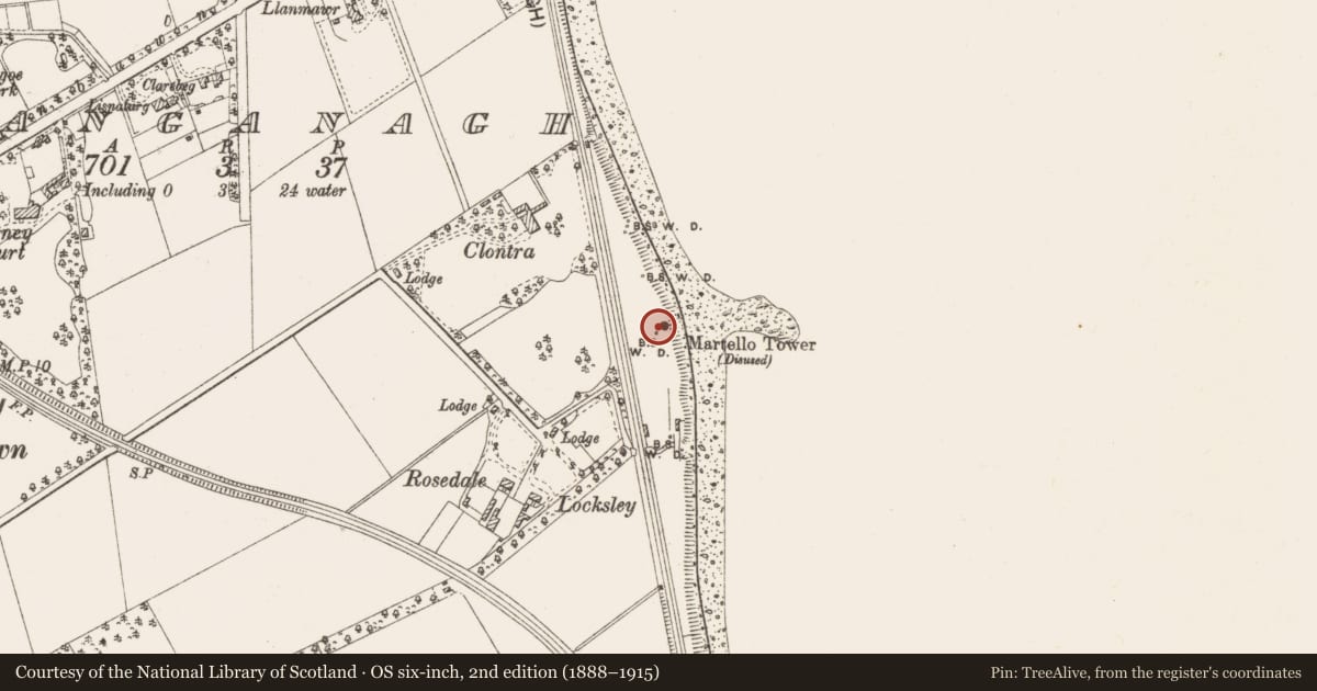 Ordnance Survey six-inch map, 2nd edition (1888–1915) covering the location of Battery, Shanganagh, County Dublin, with a pin at the register's coordinates