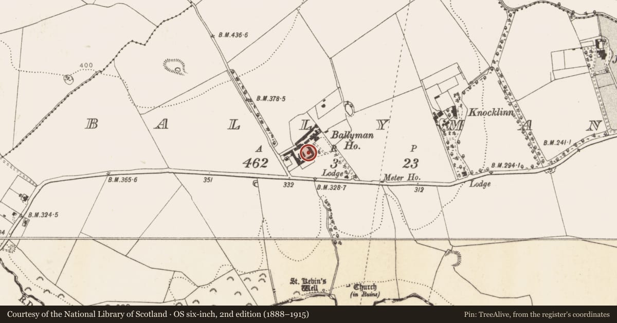 Ordnance Survey six-inch map, 2nd edition (1888–1915) covering the location of Castle - tower house, Ballyman, County Dublin, with a pin at the register's coordinates