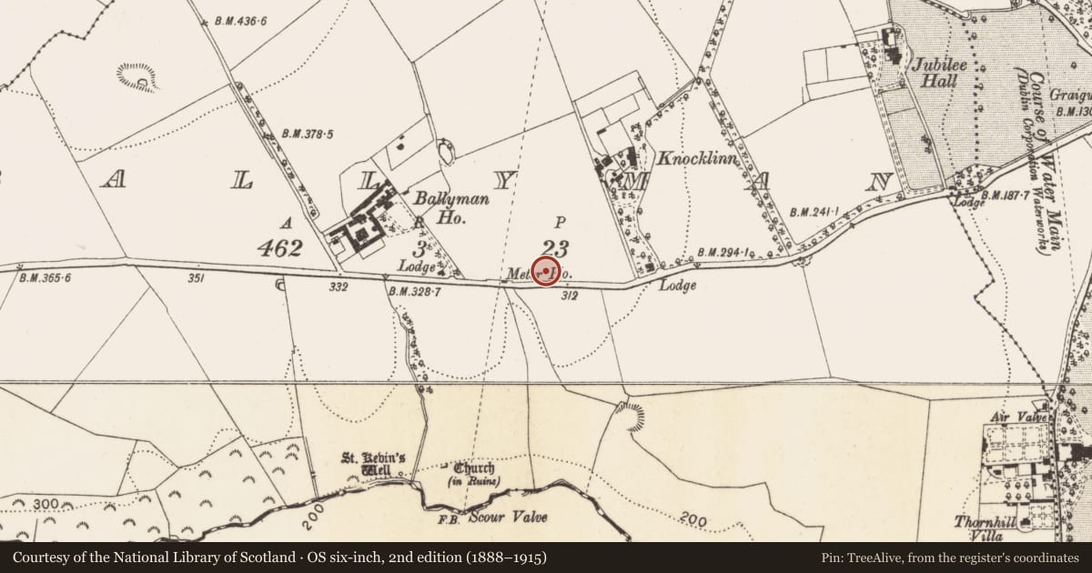 Ordnance Survey six-inch map, 2nd edition (1888–1915) covering the location of Enclosure, Ballyman, County Dublin, with a pin at the register's coordinates