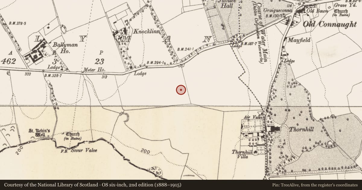 Ordnance Survey six-inch map, 2nd edition (1888–1915) covering the location of Ring-ditch, Ballyman, County Dublin, with a pin at the register's coordinates