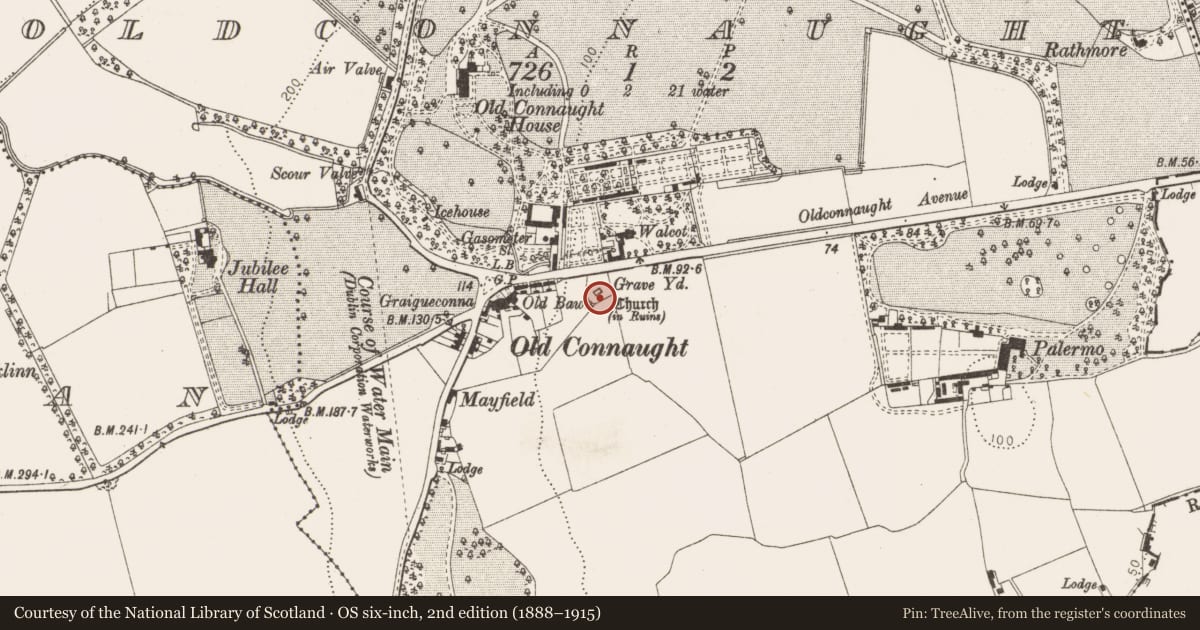 Ordnance Survey six-inch map, 2nd edition (1888–1915) covering the location of Church, Oldconnaught, County Dublin, with a pin at the register's coordinates