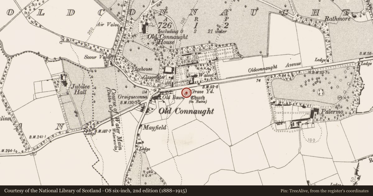 Ordnance Survey six-inch map, 2nd edition (1888–1915) covering the location of Graveyard, Oldconnaught, County Dublin, with a pin at the register's coordinates