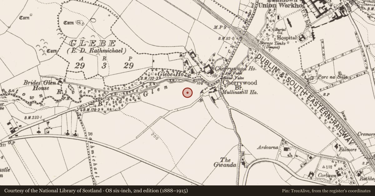 Ordnance Survey six-inch map, 2nd edition (1888–1915) covering the location of Mill - fulling, Cherrywood, Shankill, County Dublin, with a pin at the register's coordinates