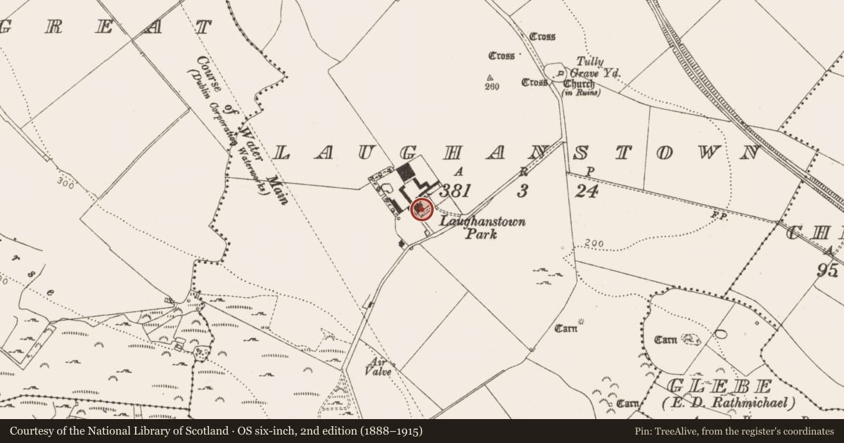 Ordnance Survey six-inch map, 2nd edition (1888–1915) covering the location of Castle - tower house, Laughanstown, County Dublin, with a pin at the register's coordinates