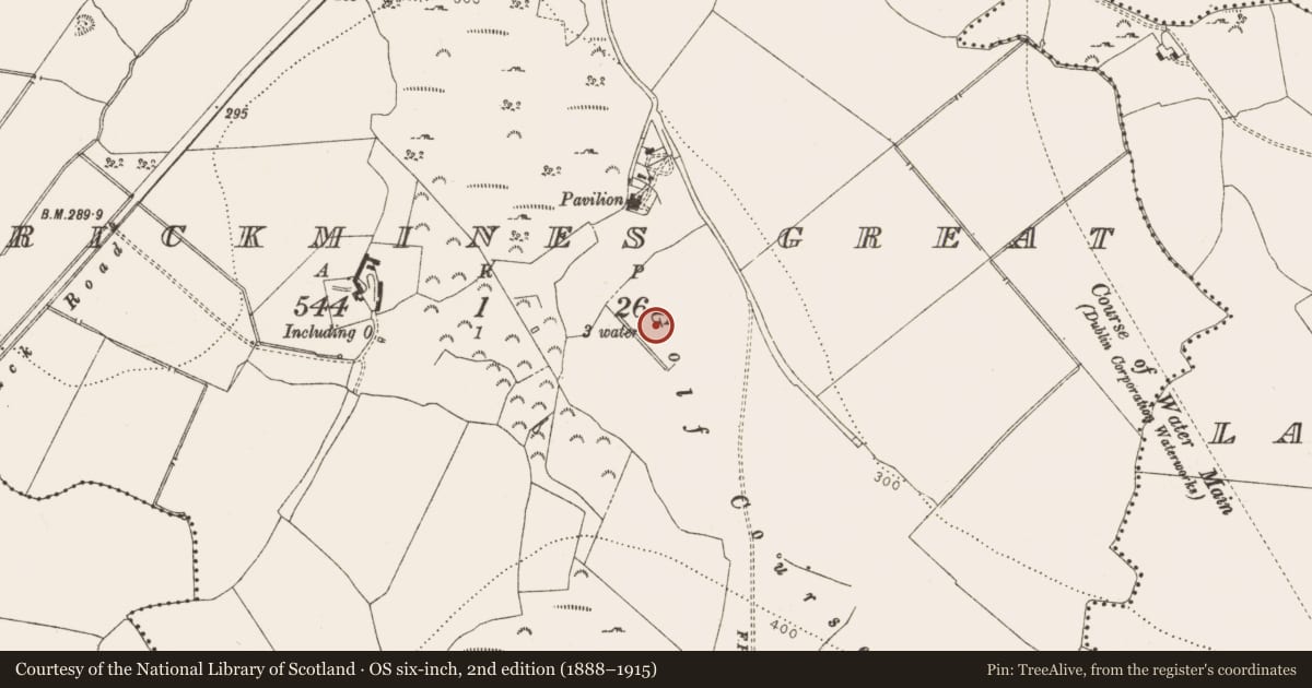 Ordnance Survey six-inch map, 2nd edition (1888–1915) covering the location of Linear earthwork, Carrickmines Great, County Dublin, with a pin at the register's coordinates