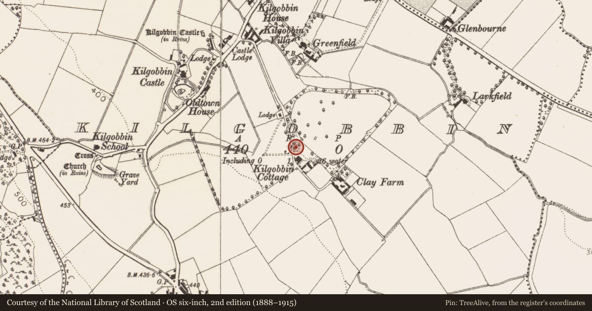 Ordnance Survey six-inch map, 2nd edition (1888–1915) covering the location of Urn burial, Kilgobbin, County Dublin, with a pin at the register's coordinates