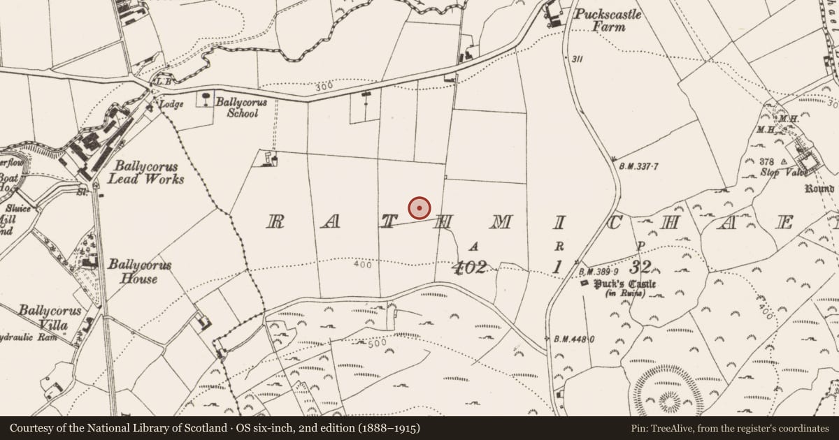 Ordnance Survey six-inch map, 2nd edition (1888–1915) covering the location of Fulacht fia, Rathmichael, County Dublin, with a pin at the register's coordinates