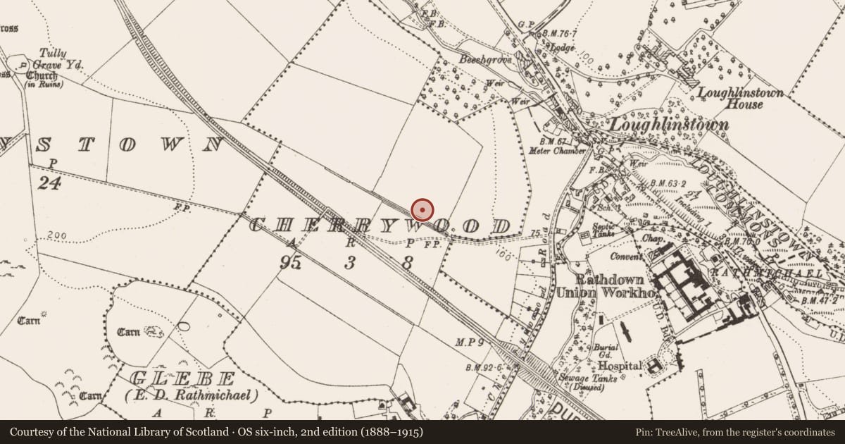 Ordnance Survey six-inch map, 2nd edition (1888–1915) covering the location of Fulacht fia, Cherrywood, County Dublin, with a pin at the register's coordinates