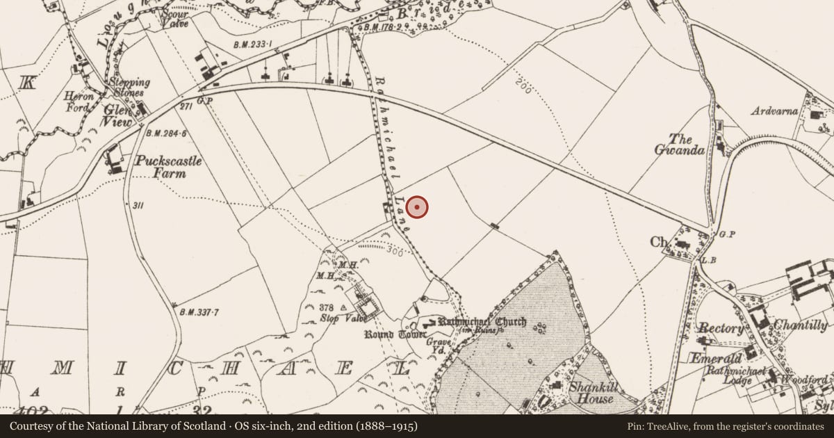 Ordnance Survey six-inch map, 2nd edition (1888–1915) covering the location of Earthwork, Shankill, County Dublin, with a pin at the register's coordinates